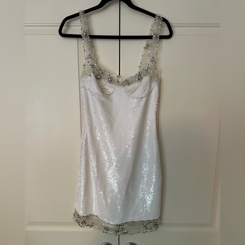 PatBO White Sequin Mini Dress with Silver Beaded Trim - Picture 1 of 11